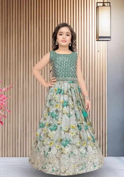 Digital Printed Sequins Embroidery Work Stitched Lehenga for Kids