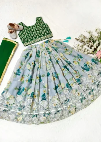 Digital Printed Sequins Embroidery Work Stitched Lehenga for Kids