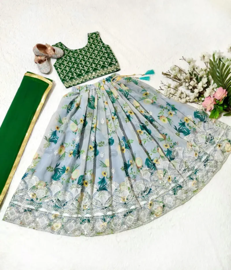Digital Printed Sequins Embroidery Work Stitched Lehenga for Kids