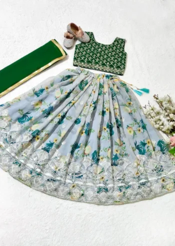 Digital Printed Sequins Embroidery Work Stitched Lehenga for Kids
