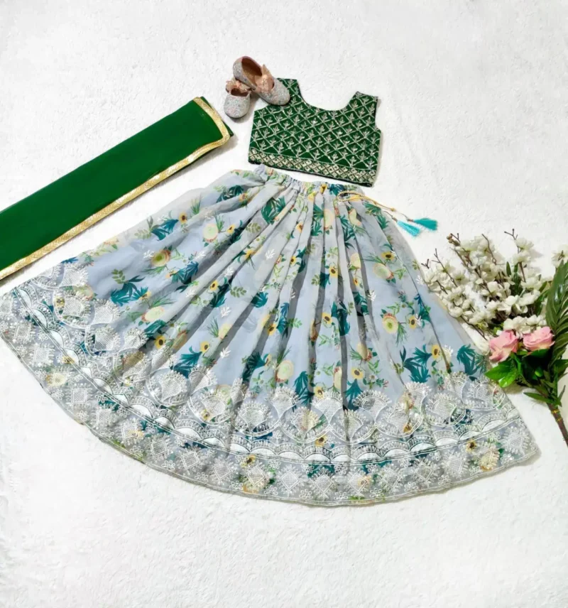 Digital Printed Sequins Embroidery Work Stitched Lehenga for Kids