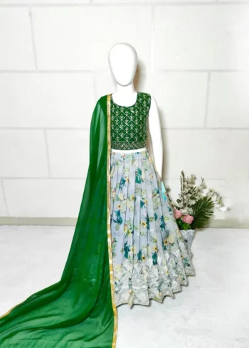 Digital Printed Sequins Embroidery Work Stitched Lehenga for Kids