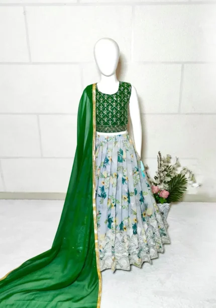 Digital Printed Sequins Embroidery Work Stitched Lehenga for Kids