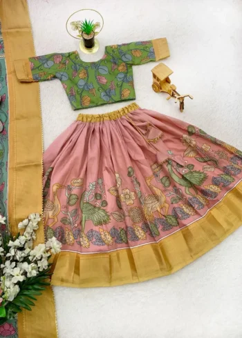 Dola Silk Kalamkari Print Kids Lehenga Choli With Zari Border Work
