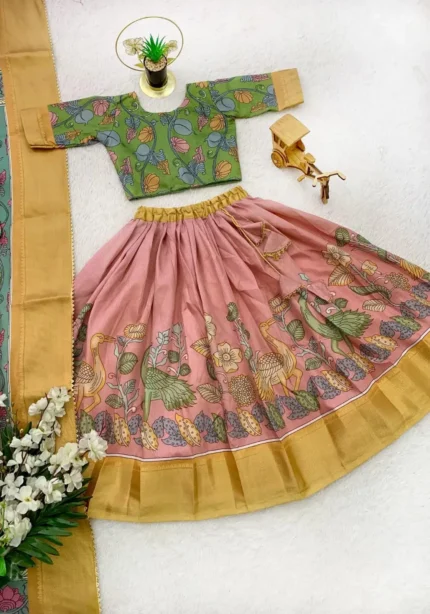 Dola Silk Kalamkari Print Kids Lehenga Choli With Zari Border Work