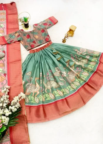 Dola Silk Kalamkari Print Kids Lehenga Choli With Zari Border Work