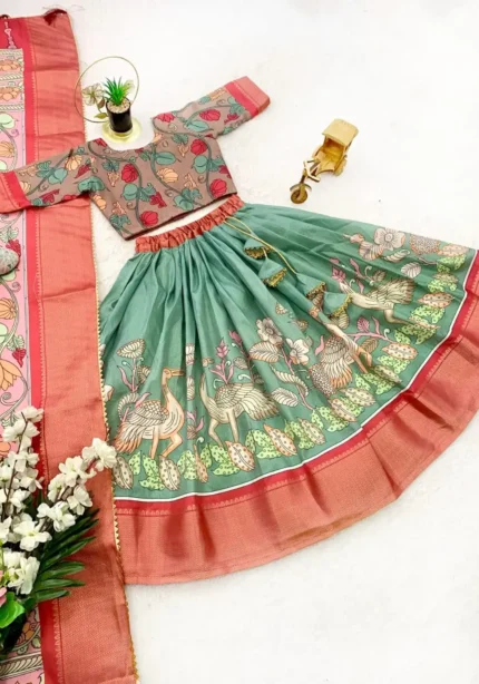 Dola Silk Kalamkari Print Kids Lehenga Choli With Zari Border Work