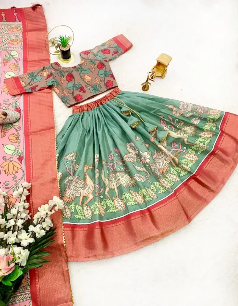 Dola Silk Kalamkari Print Kids Lehenga Choli With Zari Border Work