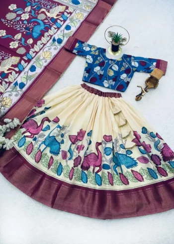 Dola Silk Kalamkari Print Kids Lehenga Choli With Zari Border Work