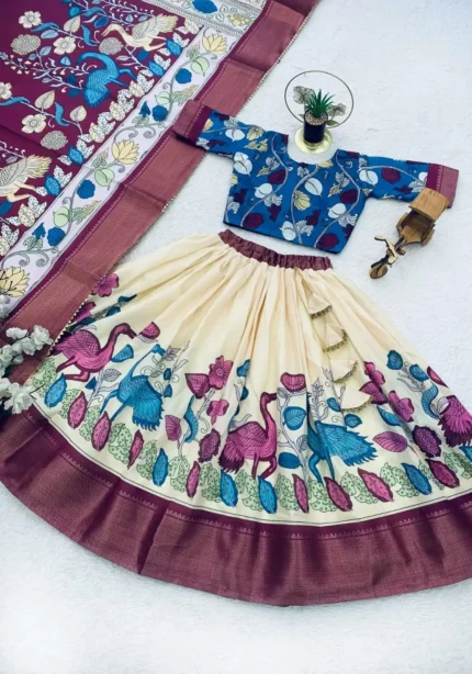 Dola Silk Kalamkari Print Kids Lehenga Choli With Zari Border Work