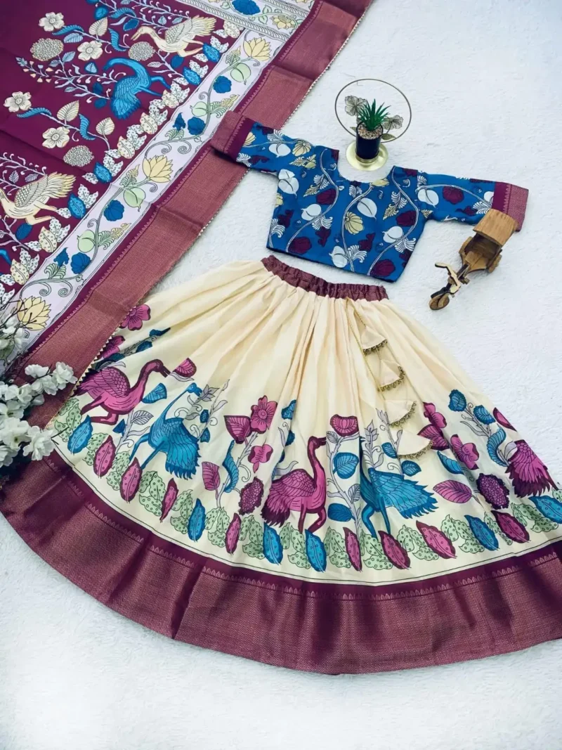 Dola Silk Kalamkari Print Kids Lehenga Choli With Zari Border Work