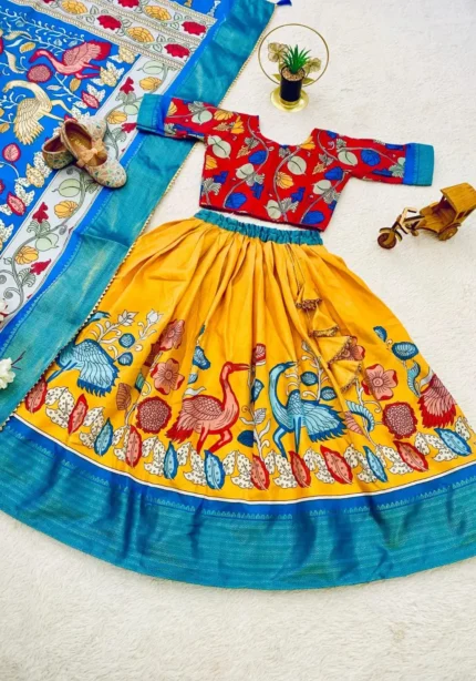 Dola Silk Kalamkari Print Kids Lehenga Choli With Zari Border Work