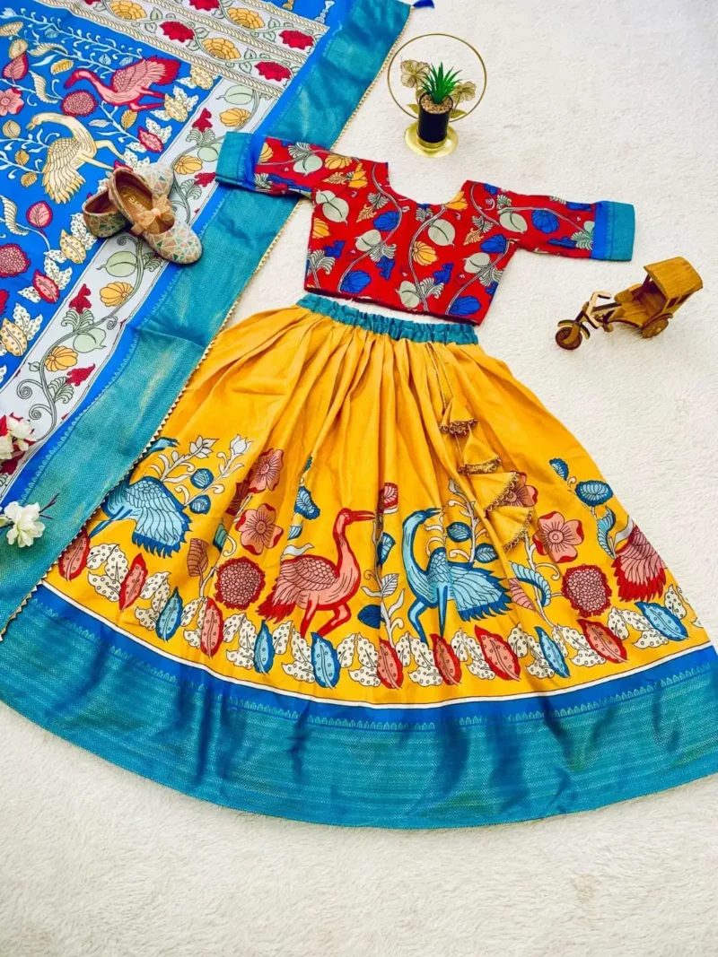 Dola Silk Kalamkari Print Kids Lehenga Choli With Zari Border Work
