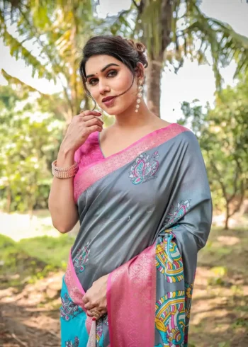 Buy Rajwadi saree 2 Dual Tone Grey Aqua Blue Tussar Silk Saree