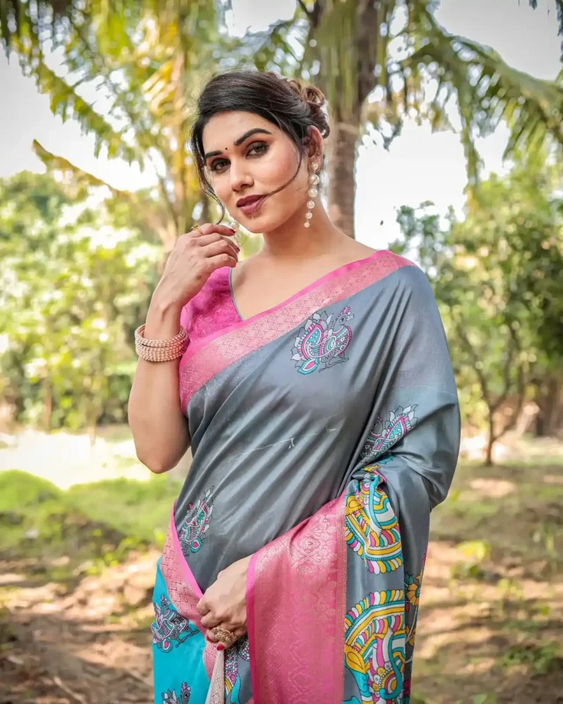 Dual Tone Grey Aqua Blue Tussar Silk Saree