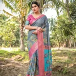 Dual Tone Grey Aqua Blue Tussar Silk Saree