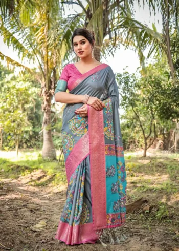 Dual Tone Grey Aqua Blue Tussar Silk Saree