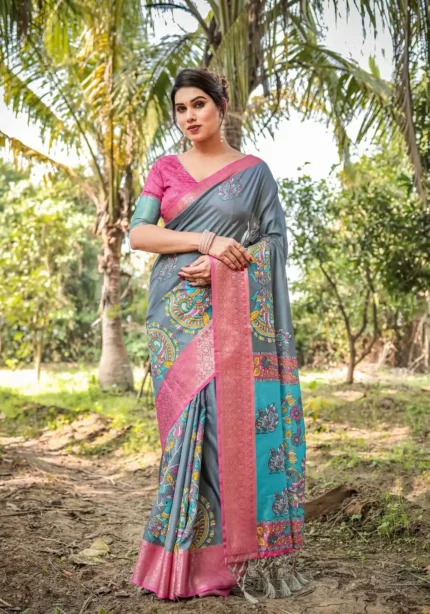 Dual Tone Grey Aqua Blue Tussar Silk Saree