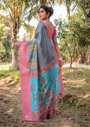 Dual Tone Grey Aqua Blue Tussar Silk Saree