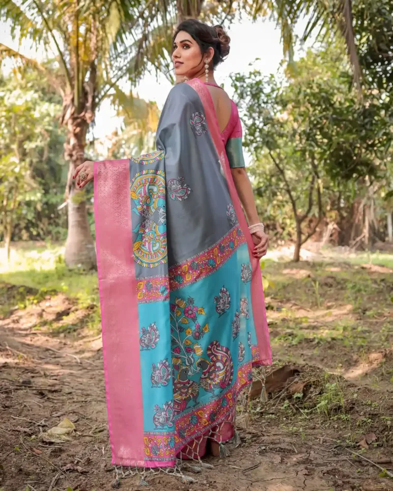 Dual Tone Grey Aqua Blue Tussar Silk Saree