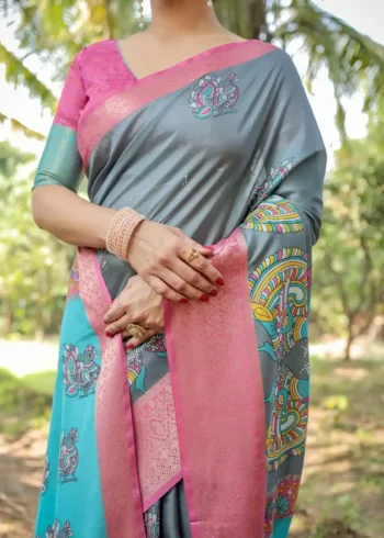 Dual Tone Grey Aqua Blue Tussar Silk Saree