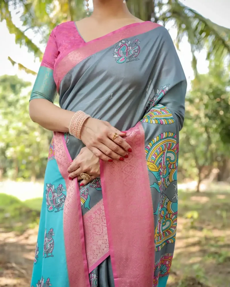 Dual Tone Grey Aqua Blue Tussar Silk Saree