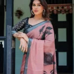 Dusty Pink Linen Saree With a Striking Face and Bird Prints