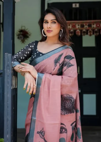 Dusty Pink Linen Saree With a Striking Face and Bird Prints