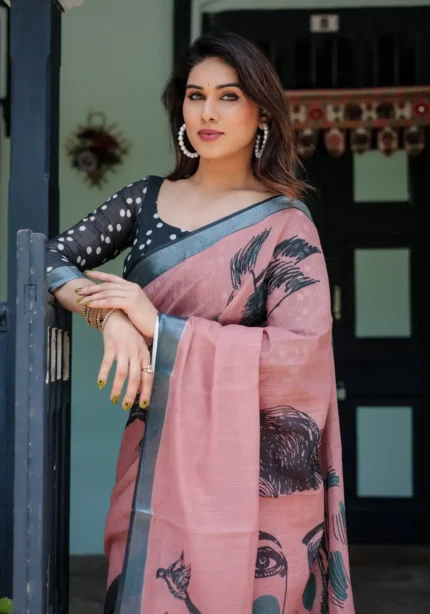 Dusty Pink Linen Saree With a Striking Face and Bird Prints