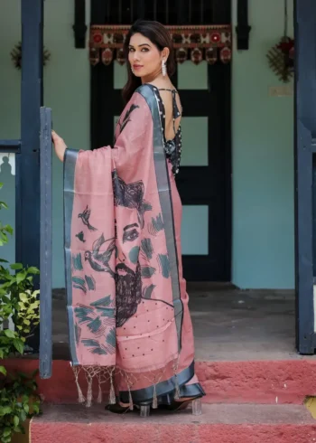 Dusty Pink Linen Saree With a Striking Face and Bird Prints