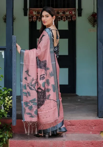 Dusty Pink Linen Saree With a Striking Face and Bird Prints