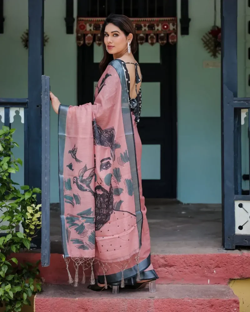 Dusty Pink Linen Saree With a Striking Face and Bird Prints