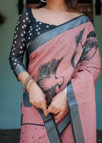 Dusty Pink Linen Saree With a Striking Face and Bird Prints