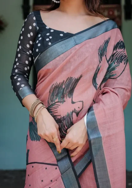 Dusty Pink Linen Saree With a Striking Face and Bird Prints