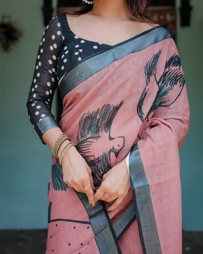 Dusty Pink Linen Saree With a Striking Face and Bird Prints