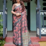 Earthy Olive and Charcoal Gray Colour Pure Linen Saree