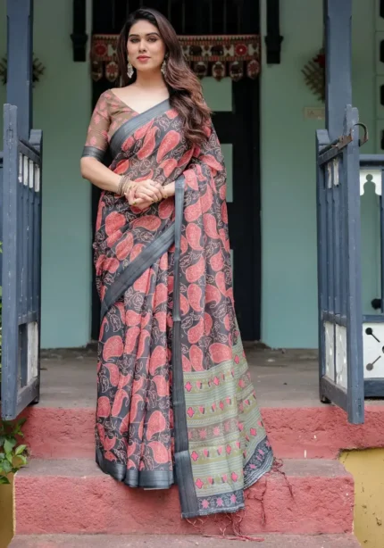 Earthy Olive and Charcoal Gray Colour Pure Linen Saree