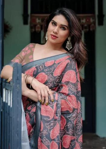 Buy Multi Colour Saree 14 Earthy Olive and Charcoal Gray Colour Pure Linen Saree