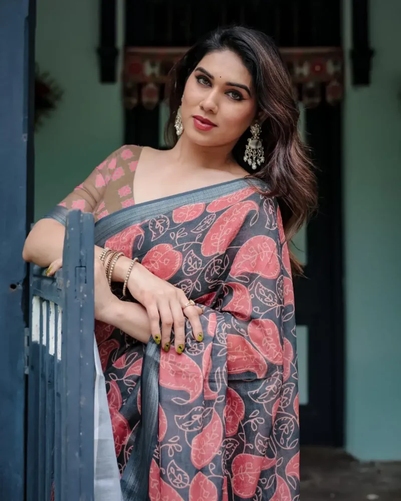 Earthy Olive and Charcoal Gray Colour Pure Linen Saree