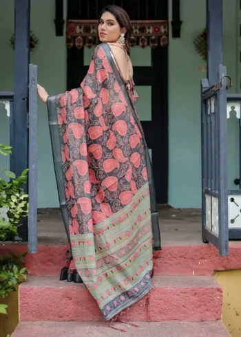Earthy Olive and Charcoal Gray Colour Pure Linen Saree