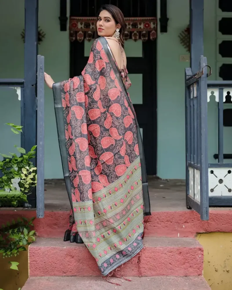 Earthy Olive and Charcoal Gray Colour Pure Linen Saree