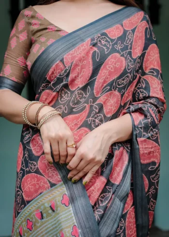 Earthy Olive and Charcoal Gray Colour Pure Linen Saree