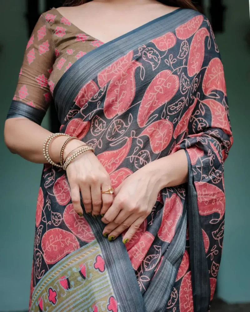 Earthy Olive and Charcoal Gray Colour Pure Linen Saree
