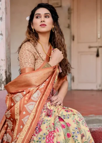 Elegant Beige Base Floral Bird Digital Printed Tussar Silk Saree