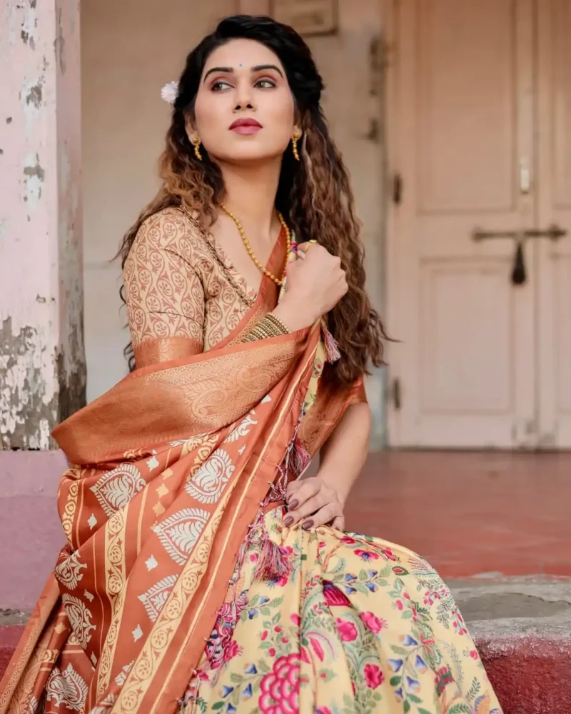 Elegant Beige Base Floral Bird Digital Printed Tussar Silk Saree