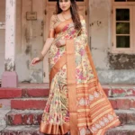 Elegant Beige Base Floral Bird Digital Printed Tussar Silk Saree