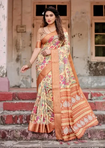 Elegant Beige Base Floral Bird Digital Printed Tussar Silk Saree