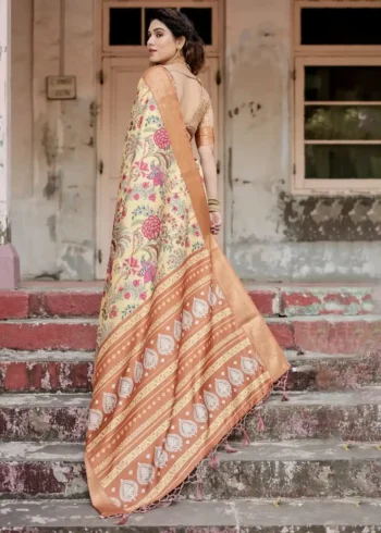 Elegant Beige Base Floral Bird Digital Printed Tussar Silk Saree