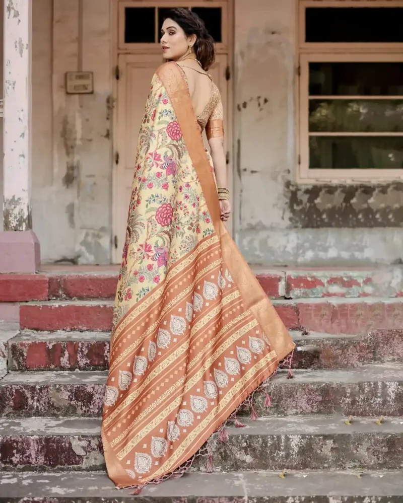 Elegant Beige Base Floral Bird Digital Printed Tussar Silk Saree