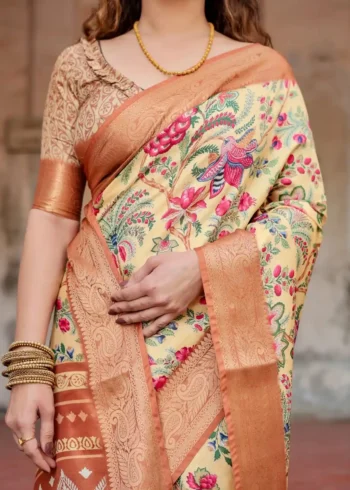 Elegant Beige Base Floral Bird Digital Printed Tussar Silk Saree